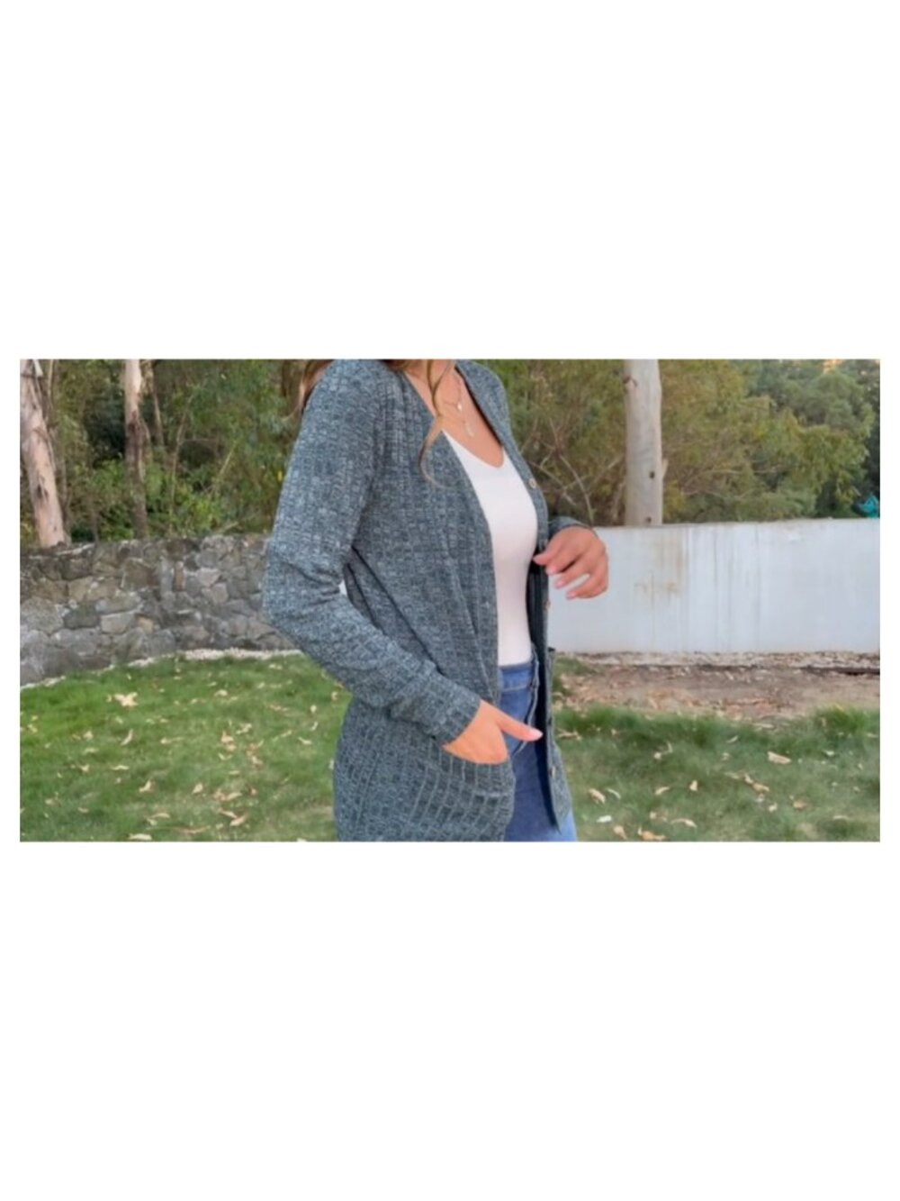 Open Front Button Down Ribbed Knit Cardigan with Pockets Lightweight - Picture 5 of 5